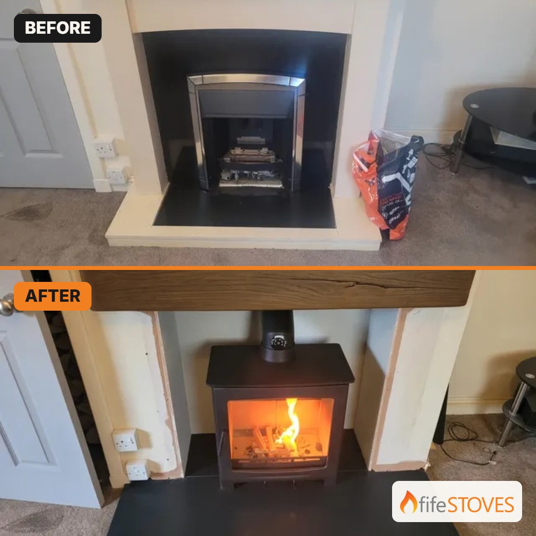 Before and after of a stove installation in Scotland