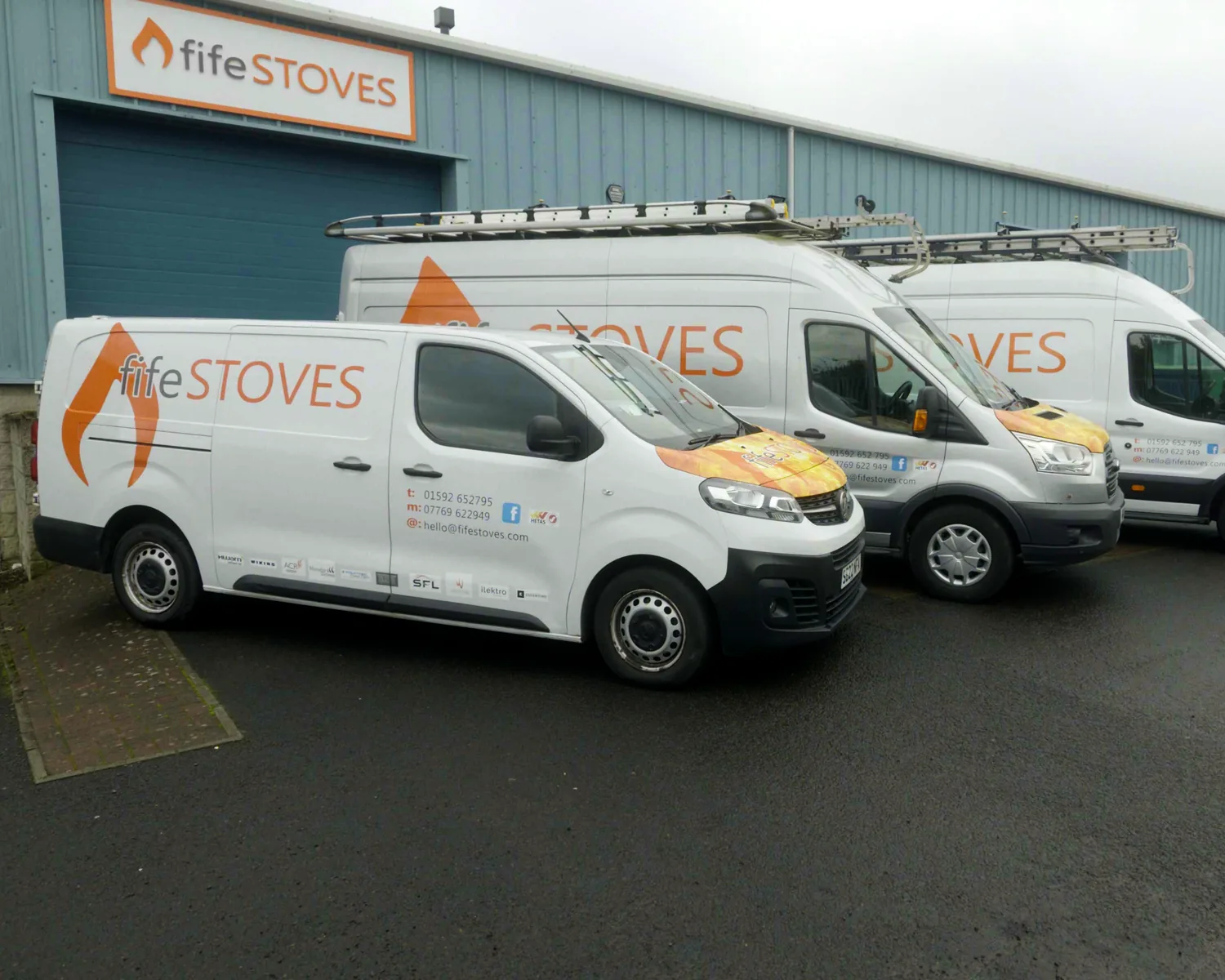 Fife Stoves vans outside the Kirkcaldy showroom