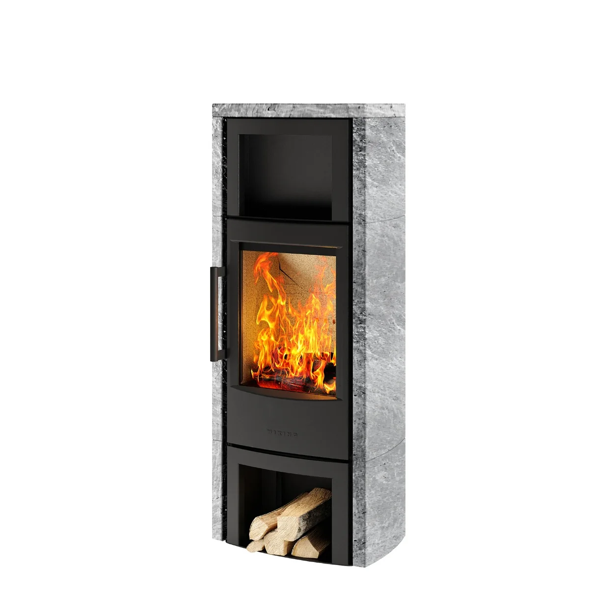 WIKING Miro 6+ with warming shelf, wood store & natural stone cladding