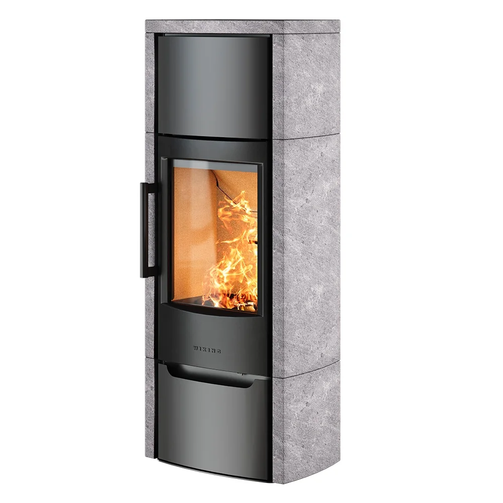 WIKING Miro 6+ with natural stone cladding, heat storage stones & lower door